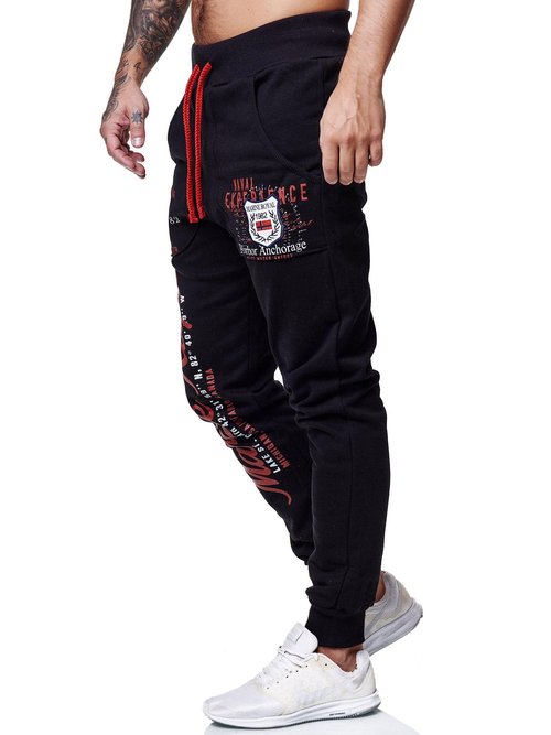 Marine Royal Men's Jogger Pants, Sports Fitness Running Casual Sweatpants Black Red
