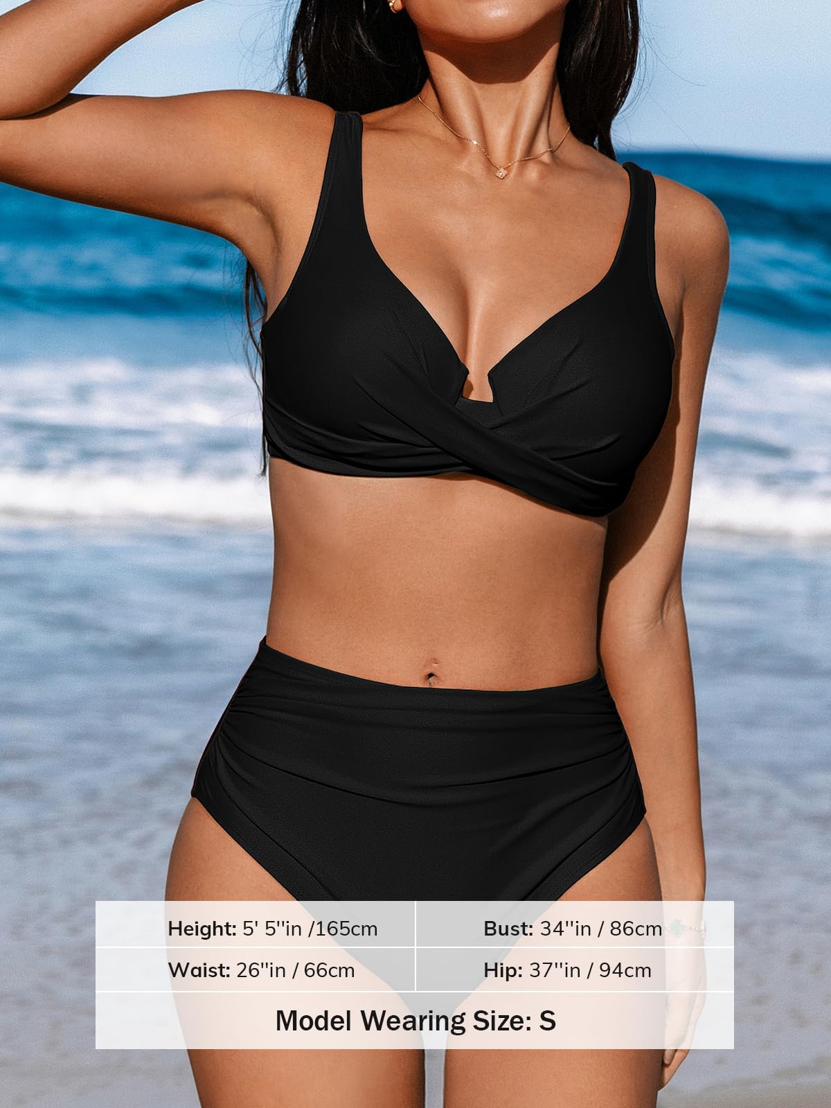 CUPSHE Women's Bikini Sets High Waisted Swimsuit Underwire Adjustable Straps Twisted Hook Full Coverage Bottom, M Black