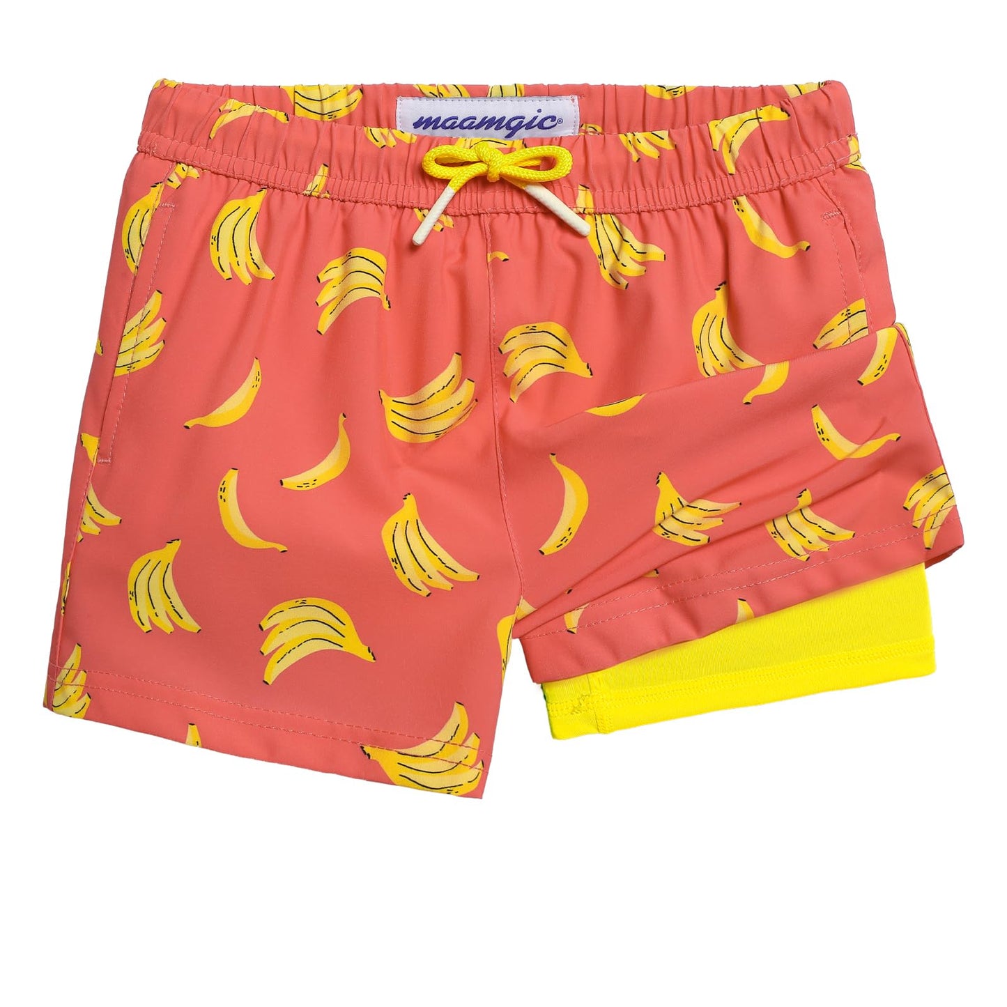 maamgic Boys Swim Trunks with Compression Liner Toddler Stretch Swim Shorts Quick Dry Swimming Trunks Boxer Brief 2 in 1 Beach Shorts Orange Banana 3T