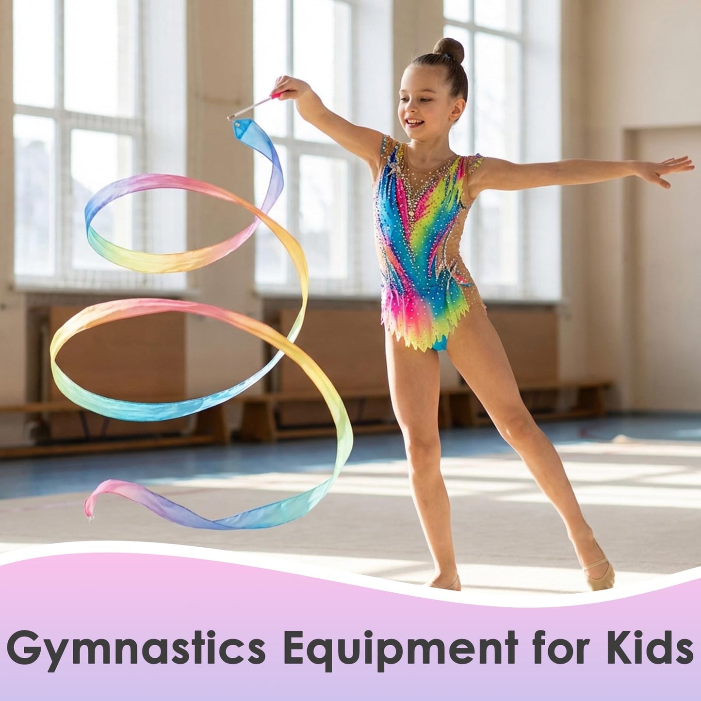YGEOMER 2Pcs 100% Pure Silk Ribbon Dancer Wand for Kids, Gymnastics Ribbon & Pastel Rainbow Streamers for Maypole Dance, Birthday Party & Easter Gift Ballerina Toys for Toddler Girls
