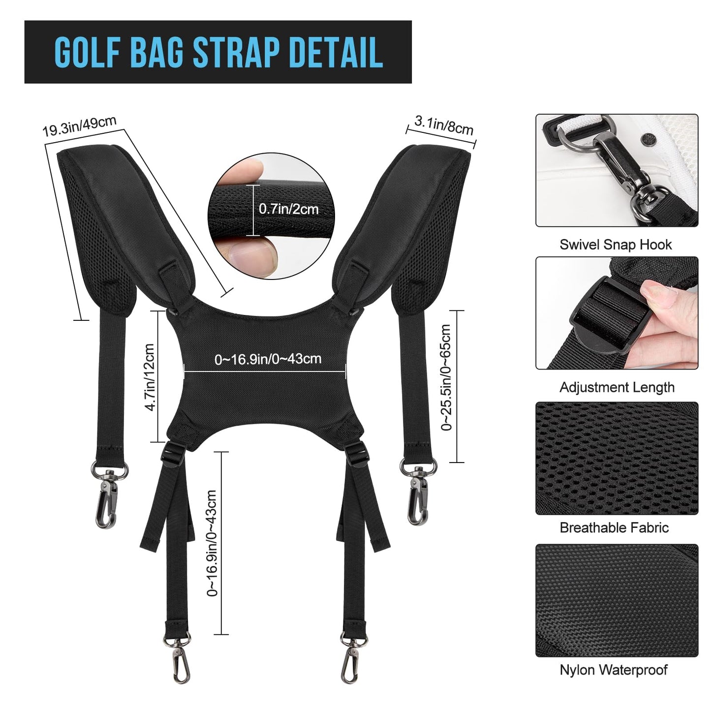 montela golf Bag Straps Double Shoulder Golf Bag Strap Replacement Adjustable Padded Golf Bag Carry Strap with 4Pcs Rotate Hooks