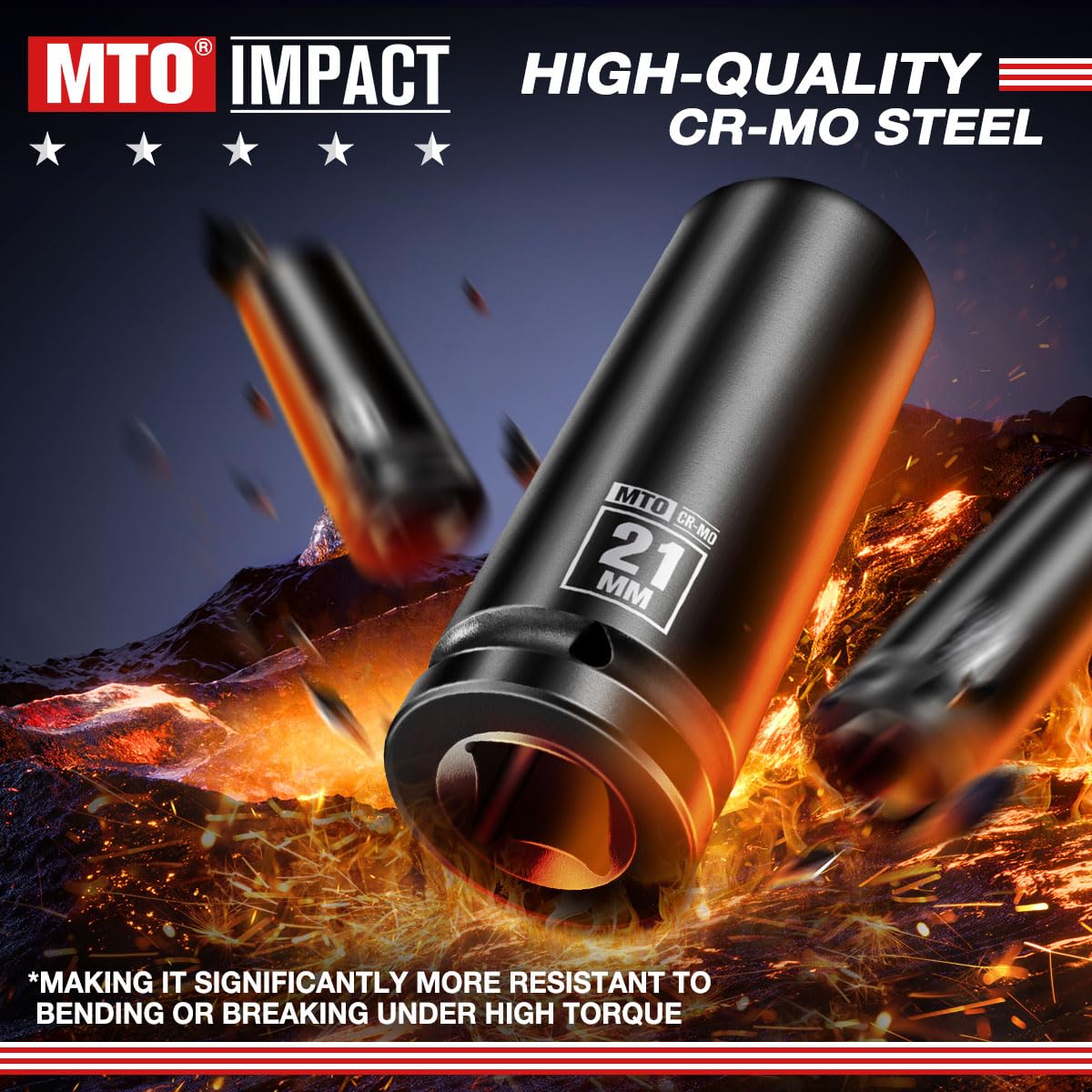 MTO 1/2" Drive 21mm Deep Impact Socket, 6 Pt. Metric Socket, CR-MO Steel & Anti-Corrosion Coating for Heavy-Duty Use