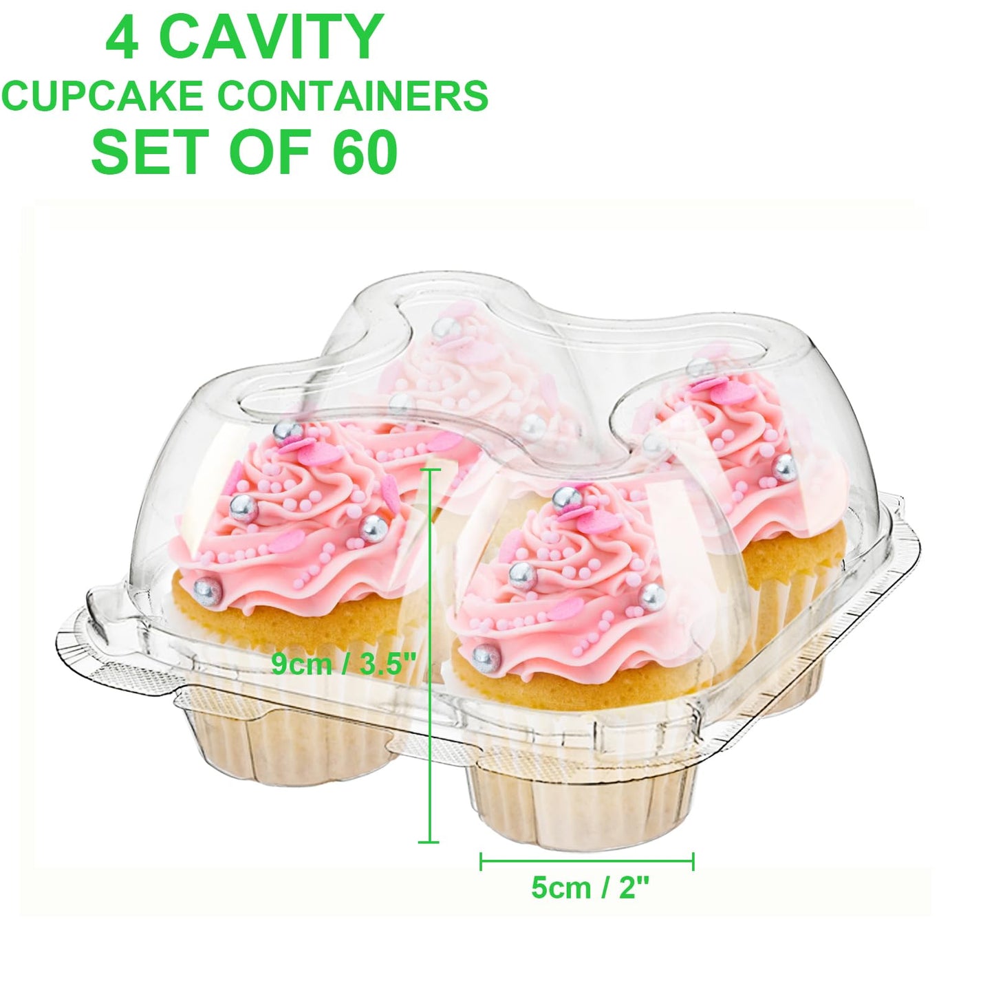 Bekith 60 Count 4-Compartment Plastic Cupcake Containers - Disposable Cupcake Trays Holder Carrier Box with Lids for Cupcakes & Muffins - Hinged Lock Cupcake Clamshell - Deep Cups for Cupcake Storage