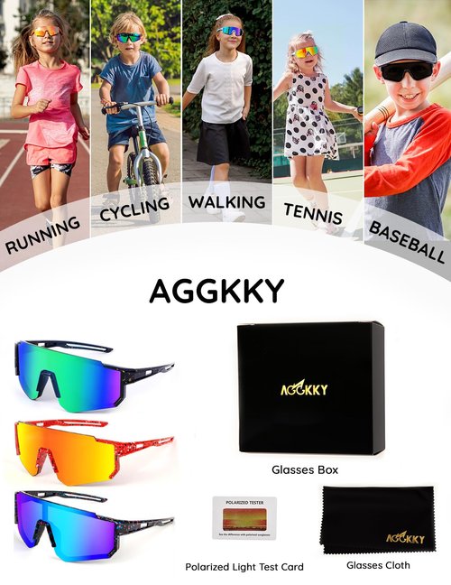 AGGKKY 3 Pack Kids Sunglasses, Youth Baseball Sunglasses for Boys Girls, Polarized Sun Glasses UV400 Sports Cycling Shades Lightweight Frame for Kids Ages 8-14 (Red/Orange+Black/Blue+Navy Blue/Green)