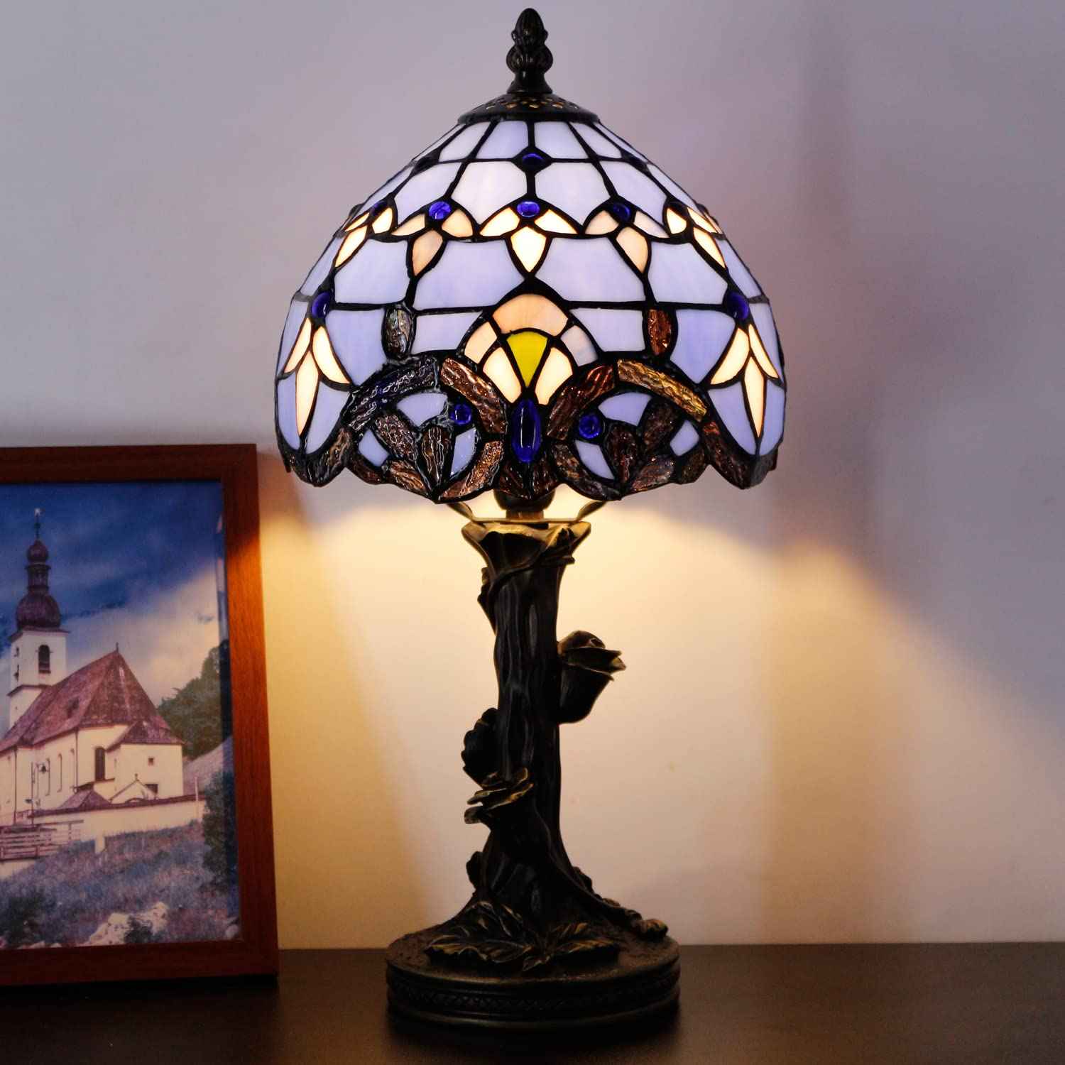 Small Tiffany Lamp Stained Glass Table Lamp Blue Baroque Style Bedside Desk Light Mini Accent Desk Memory Lamp 8X15 Inch