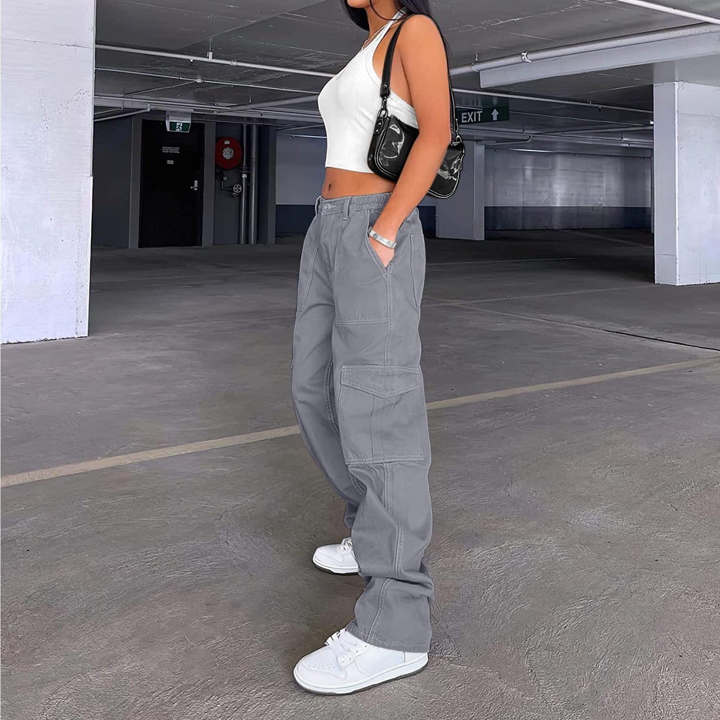 Women's Cotton Casual Military Cargo Combat Work Pants with 6 Pocket Blue Grey