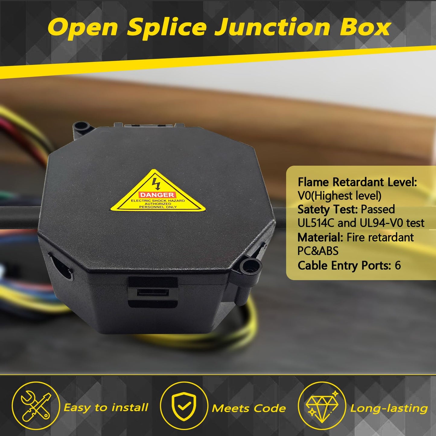 MIARALA Black Open Splice Junction Box (Single), Electrical Splice Box Wire Junction Box with Cover V0 Flame Retardant Rating(Highest Level)