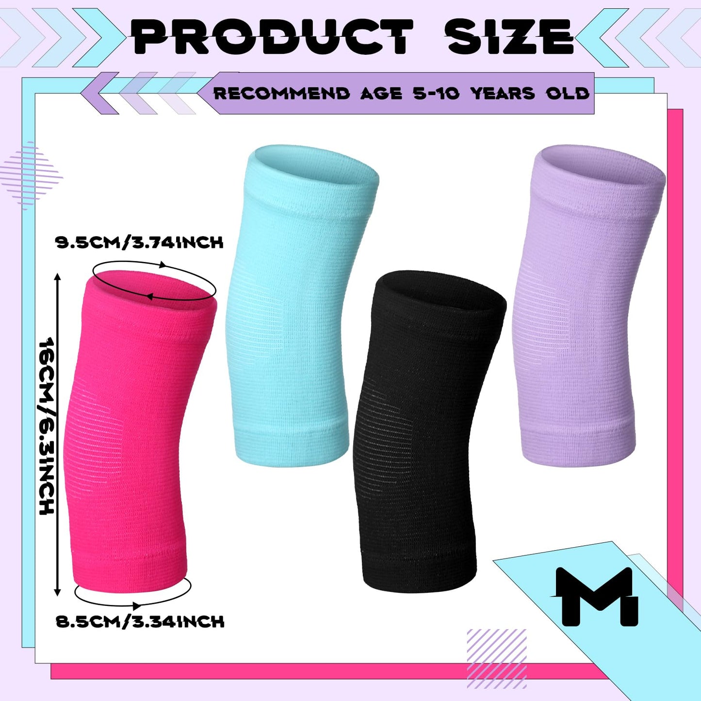 Lenwen 4 Pairs Kids Elbow Brace Compression Arm Elbow Sleeve Knit Guard Gym Protectors for Boys Teen Children Girls Basketball Volleyball Tennis Cycling(5-10 Years,Black, Purple, Rose Pink, Sky Blue)