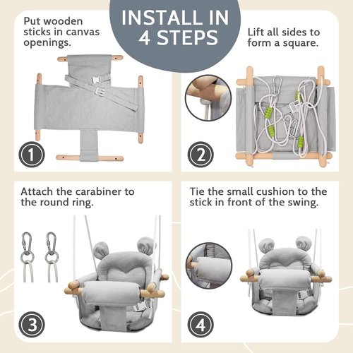 GFU Baby Swing - Secure Canvas Infant Swing for Indoor & Outdoor Use | Comfortable Wooden Hanging Seat
