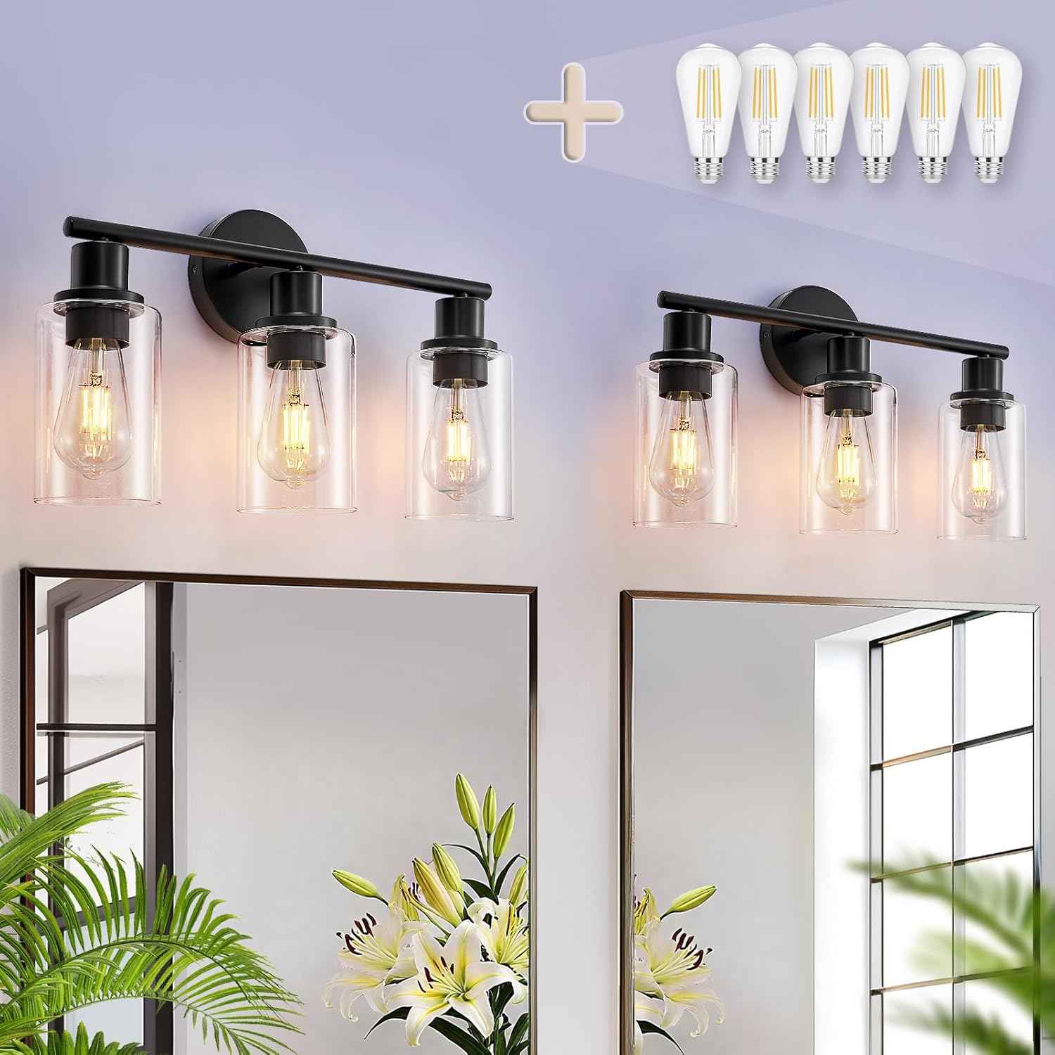 Modern Black 3-Light Bathroom Vanity Light Fixture with Clear Glass Shades - 2 Pack