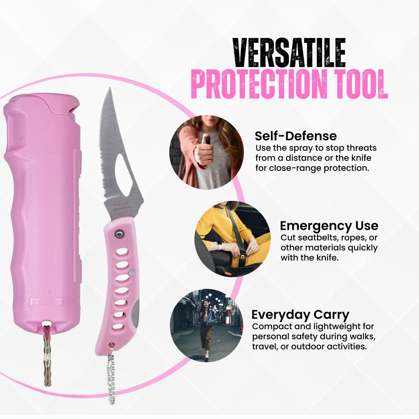Police Magnum Keychain Pepper Spray Combo Safety Kit- Maximum Heat Strength OC with Pink Pocket Knife Self Defense- Made in The USA- 1 Pack Soft Pink FT & PNK KNF