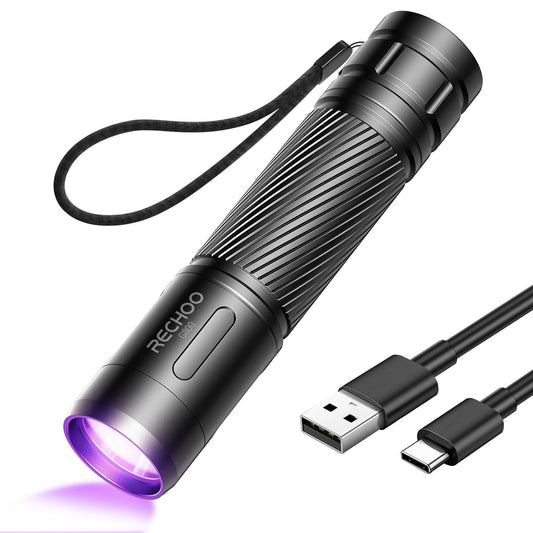 RECHOO Black Light UV Flashlight, 395nm Blacklight Rechargeable Flashlights UV Light, Portable Mini Black Light for Pet Urine Detection, Bed Bug, Dry Stains, Resin Curing, Scorpions Finder