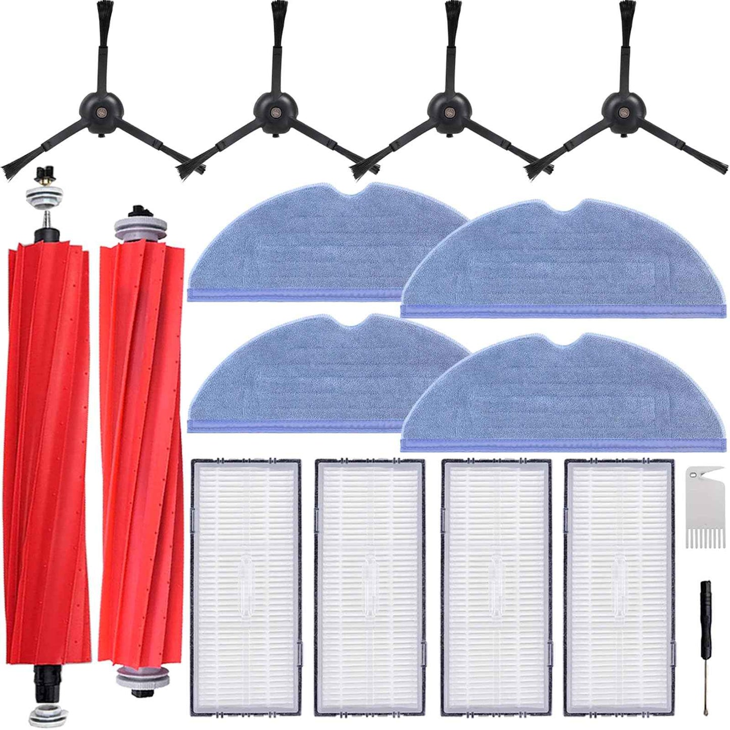 Pmosata S7 Replacement Parts for Roborock S7 MaxV Plus T7S Robot Vacuum - 2 Main Brushes, 4 Mop Cloths, 4 Filters, 4 Side Brushes, Red