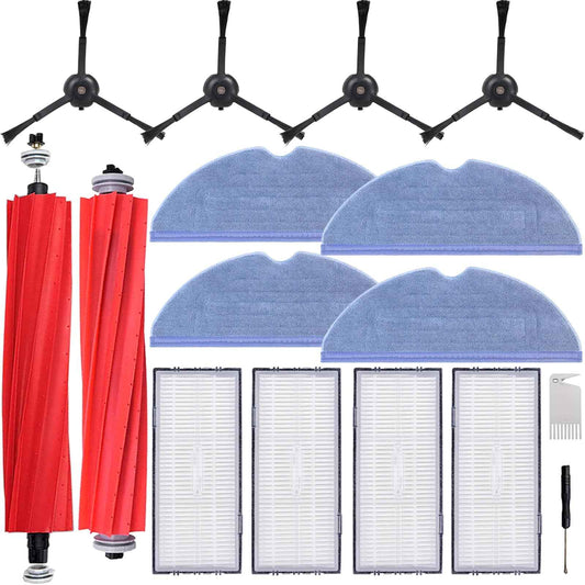 Pmosata S7 Replacement Parts for Roborock S7 MaxV Plus T7S Robot Vacuum - 2 Main Brushes, 4 Mop Cloths, 4 Filters, 4 Side Brushes, Red
