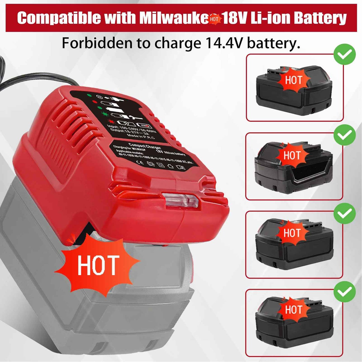 Portable Charger Replacement for Milwaukee Charger M18, Compatible with Milwaukee Battery Charger M18 18V Lithium-ion Batteries 48-11-1862, 48-11-1880, 48-11-1850, 48-11-1852, 48-11-1812