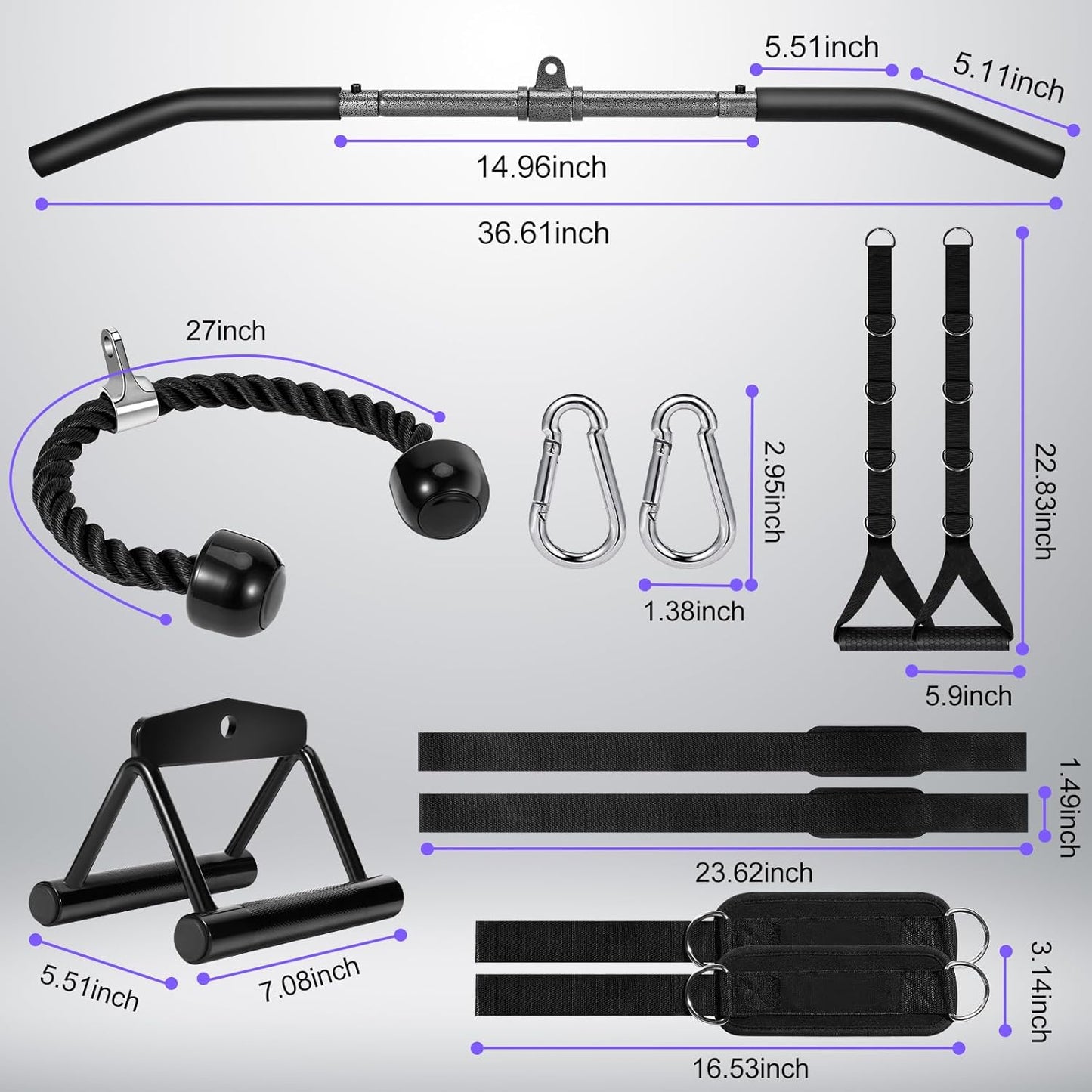 Skiennix Cable Machine Attachments Set - LAT Pulldown Bar & Tricep Rope for Home Gym