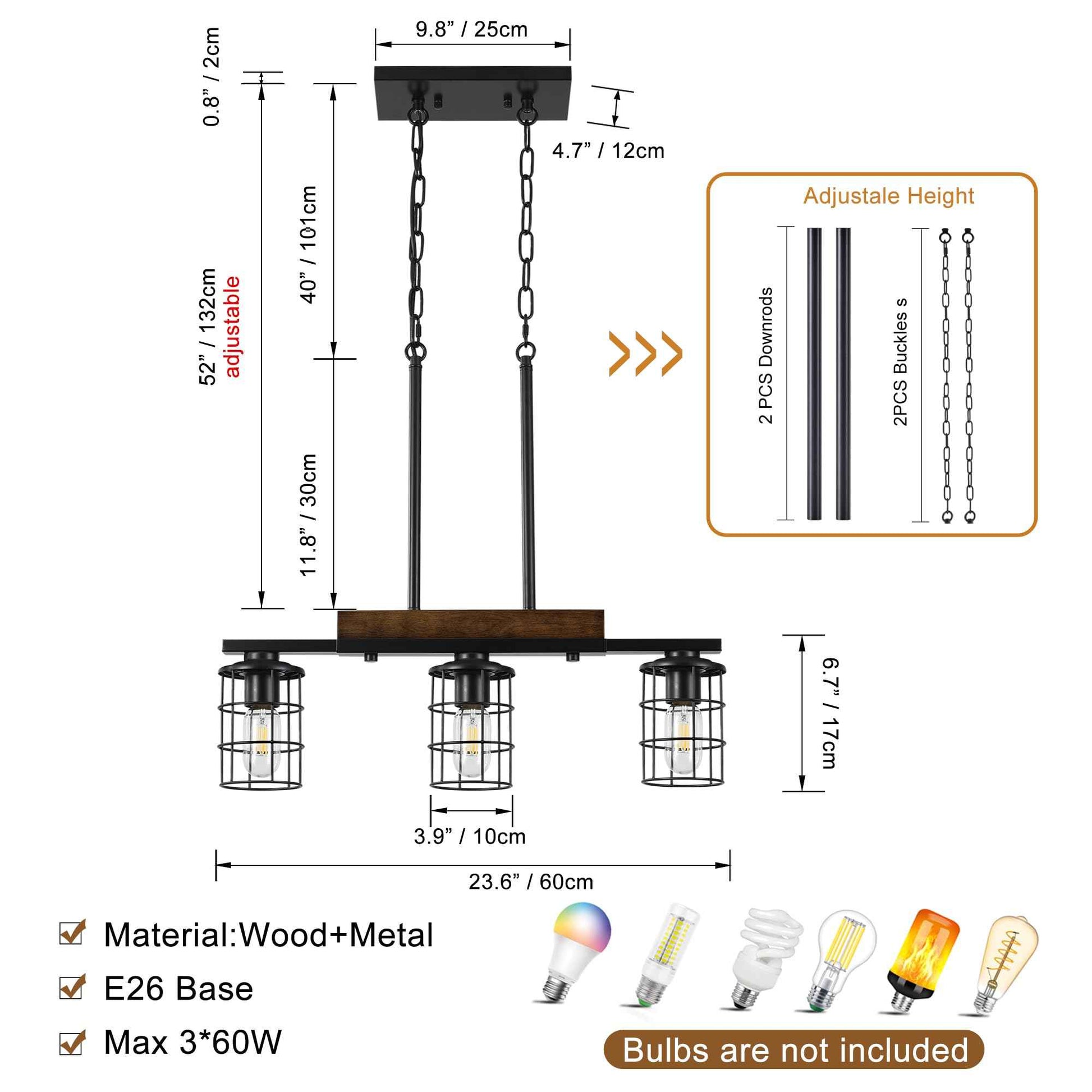 Dining Room Light Fixture/Chandelier Over Table, 23.3-Inch Hanging for Farmhouse Linear Chandeliers,3-Light Kitchen Island Lighting, Black Rustic Wooden Ceiling Chandelier,with Metal lampshade