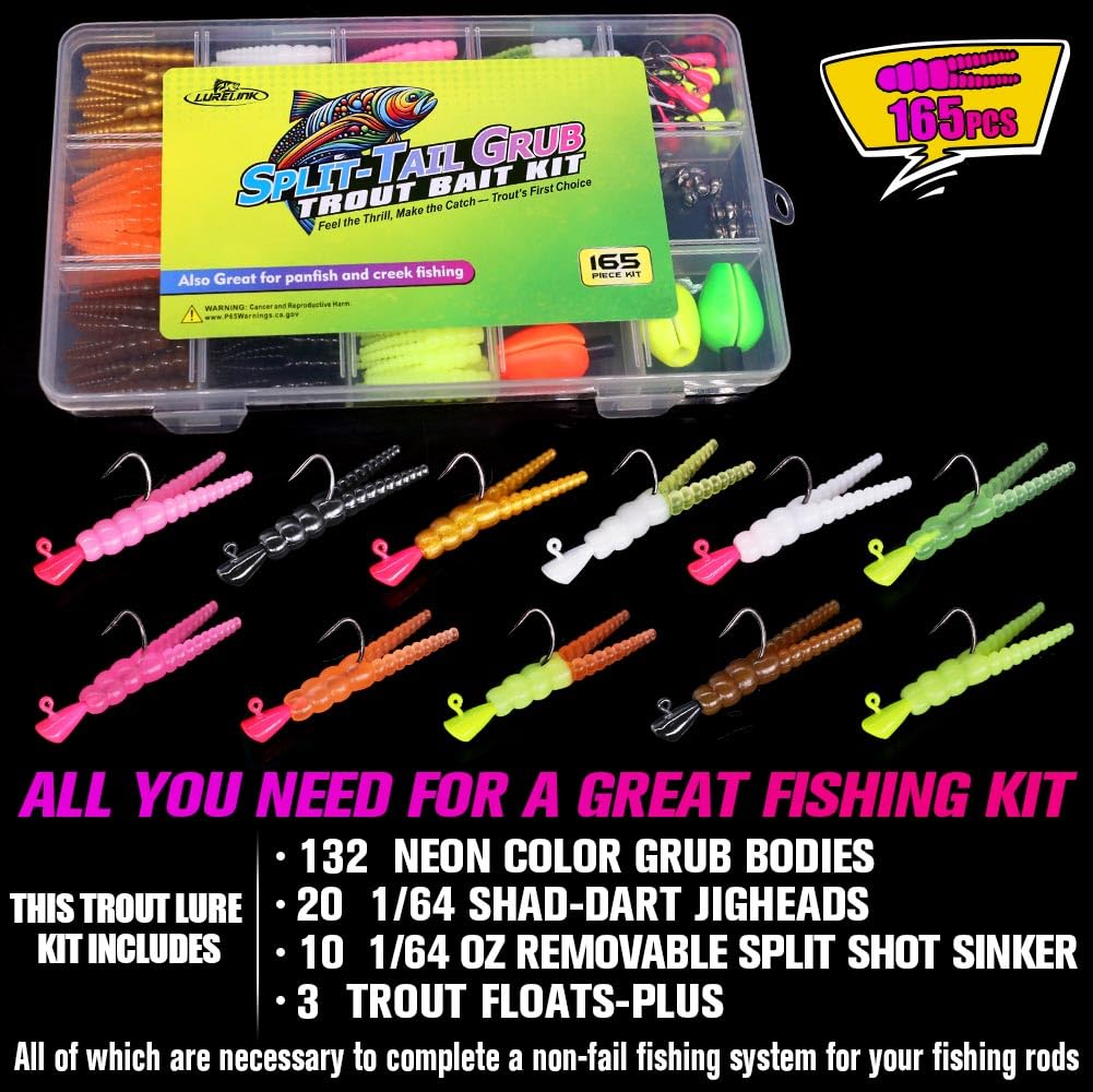 LURELINK 165-Piece Trout Lure Kit for Creek & River Fishing Gear with Split Tail Grub Worms, Shad Dart Jig Heads, Floats & Sinkers - Ideal for Seasonal Trout Crappie & Panfish