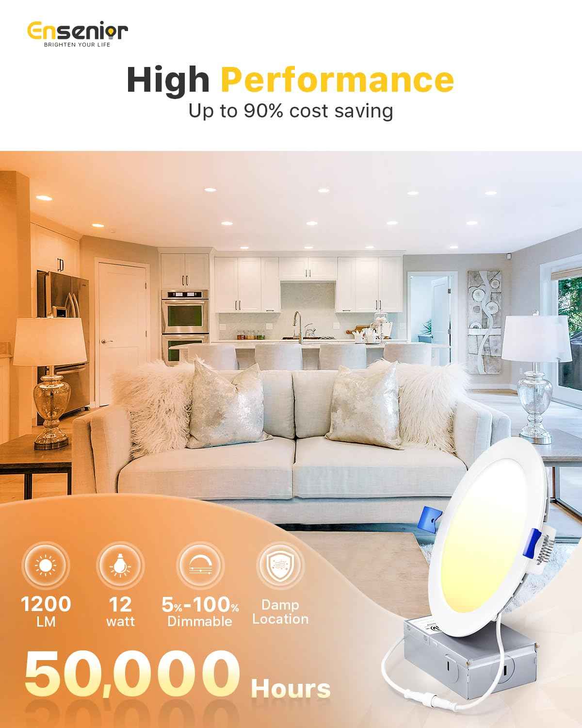 Ensenior 6 Pack 6 Inch LED Recessed Light, Dimmable, 2700K-5000K 5CCT, 1200LM High Brightness, 12W 120V, Damp Rated, ERL-12X-ETL, Ultra-Thin Canless Wafer Ceiling Light - ETL & FCC & IC