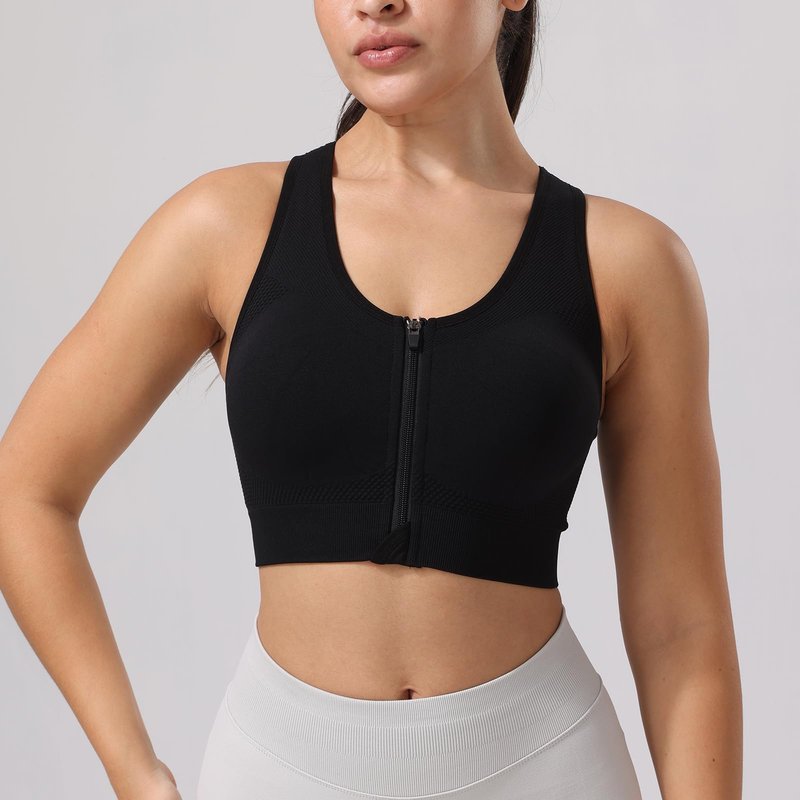 Senlinyoga Zip Front Sports Bras for Women-Medium Support Padded Bra Fitness Workout Yoga Gym Running Crop Tank Top Black