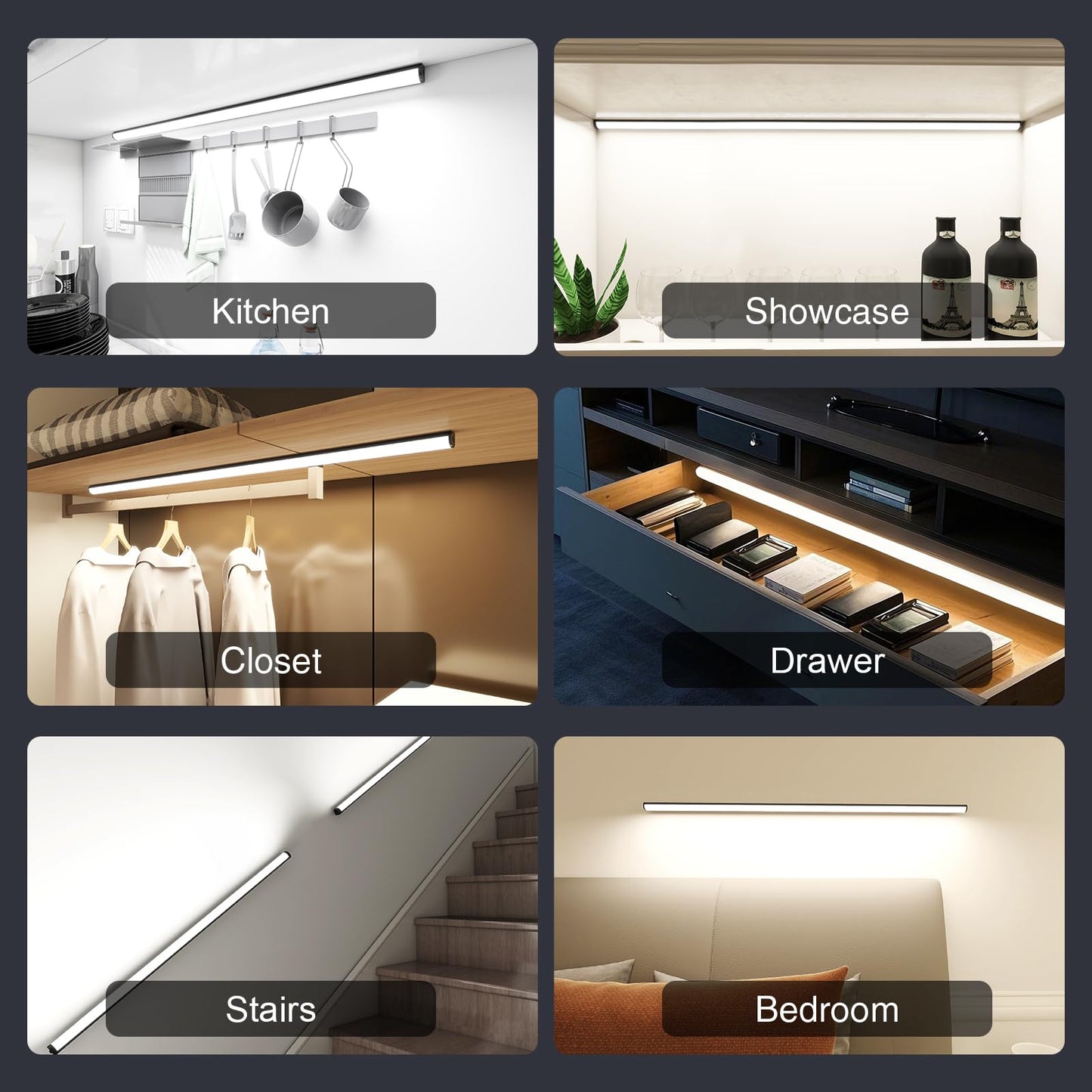 Under Cabinet Lighting Wireless with Remote,Rechargeable Battery Operated Closet Lights,3 Color Magnetic Dimmable led Strip Lights,Under Counter Lights for Kitchen,Shelf,Bedroom (Black-2PCS, 80cm)