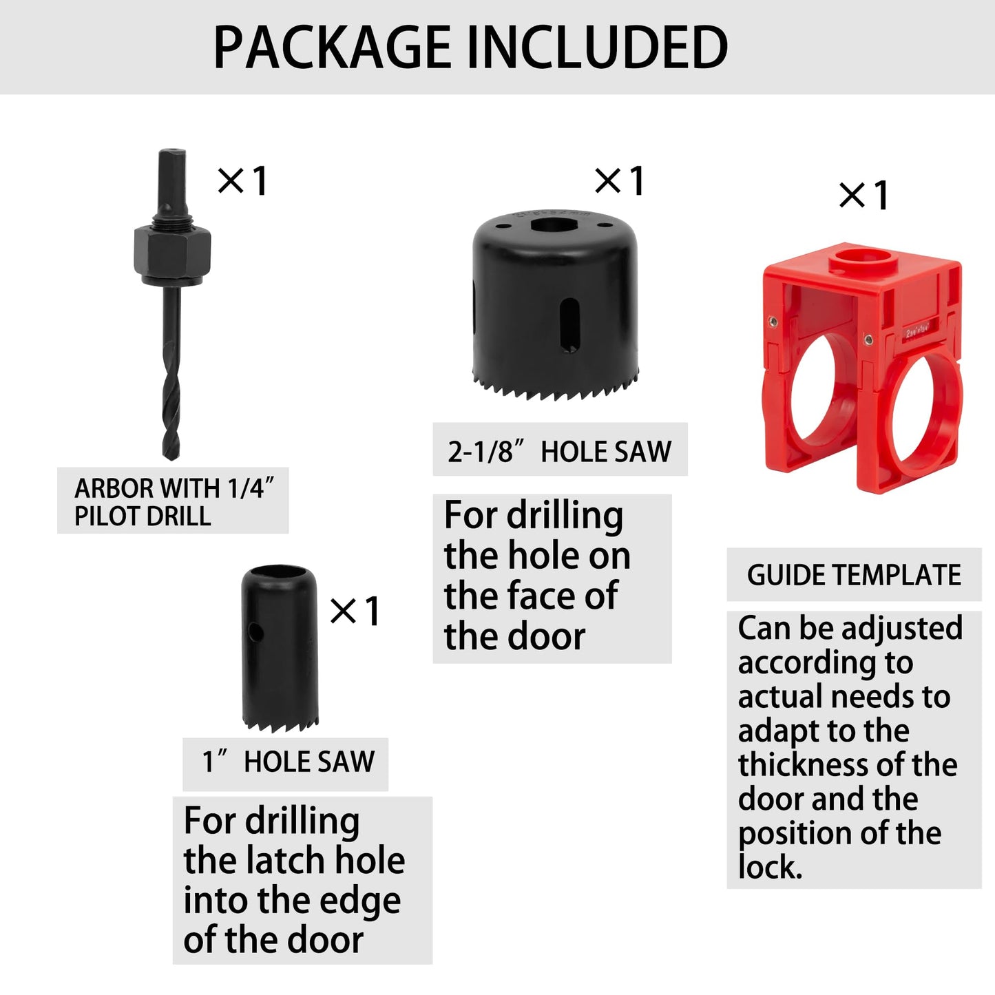 RKK Door Lock Installation Kit, Including 2-1/8" and 1" Hole Saw with Guide Template & Arbor Hole Saw Kit for Wooden Doors/Windows (1 Set)