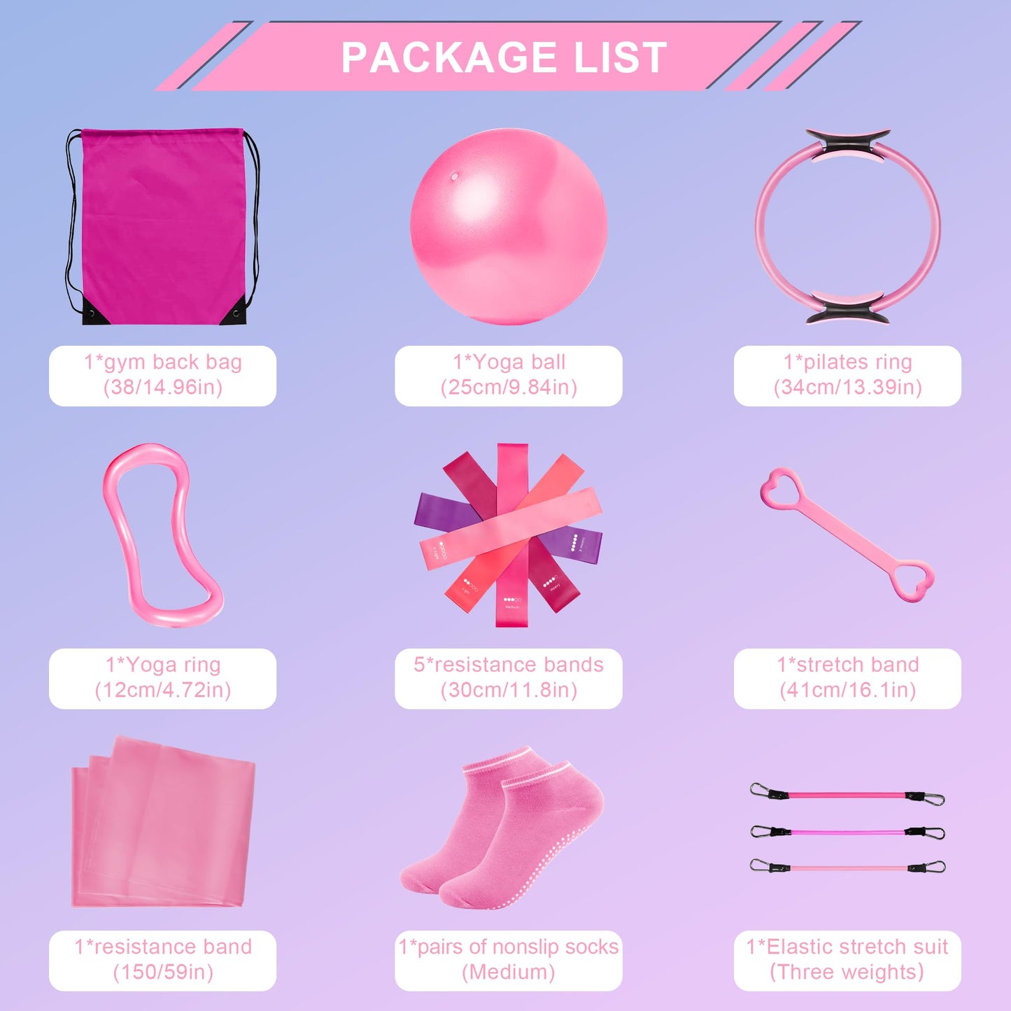 Home Pilates Essentials Kit for Women: 18Pcs Pilates Workout Equipment Set with Pilates Ring, Yoga Ball, Resistance Band, Pilates Fitness Set for Legs Arms, Gym Back Bag, Anti Slip Socks(Pink)