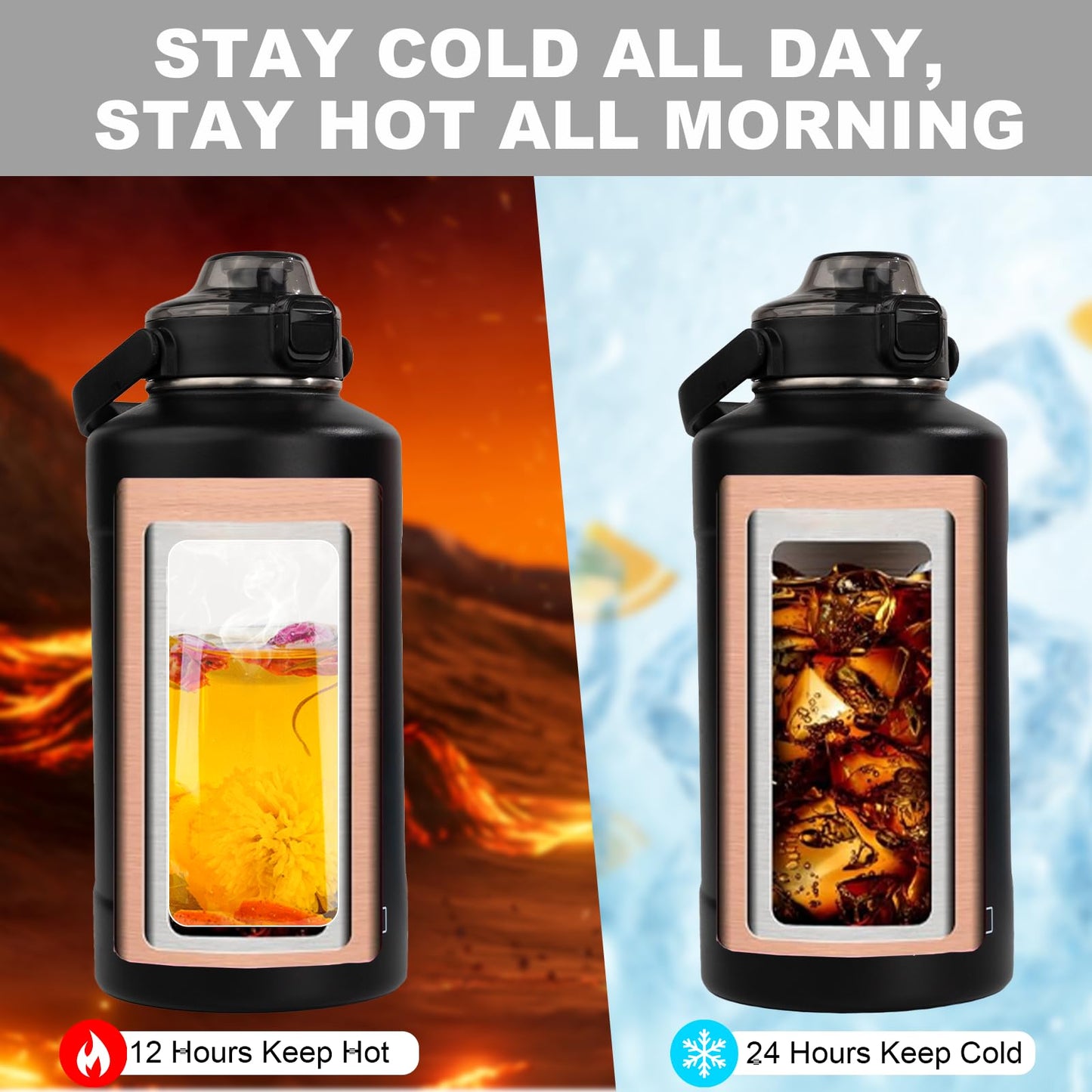 HYDRO H2O 64oz Half Gallon Fruit Infuser Insulated Stainless Steel Water Bottle Jug, 48H Cold & 24H Hot, Large Capacity for Travel Hiking Mountain Climbing Black