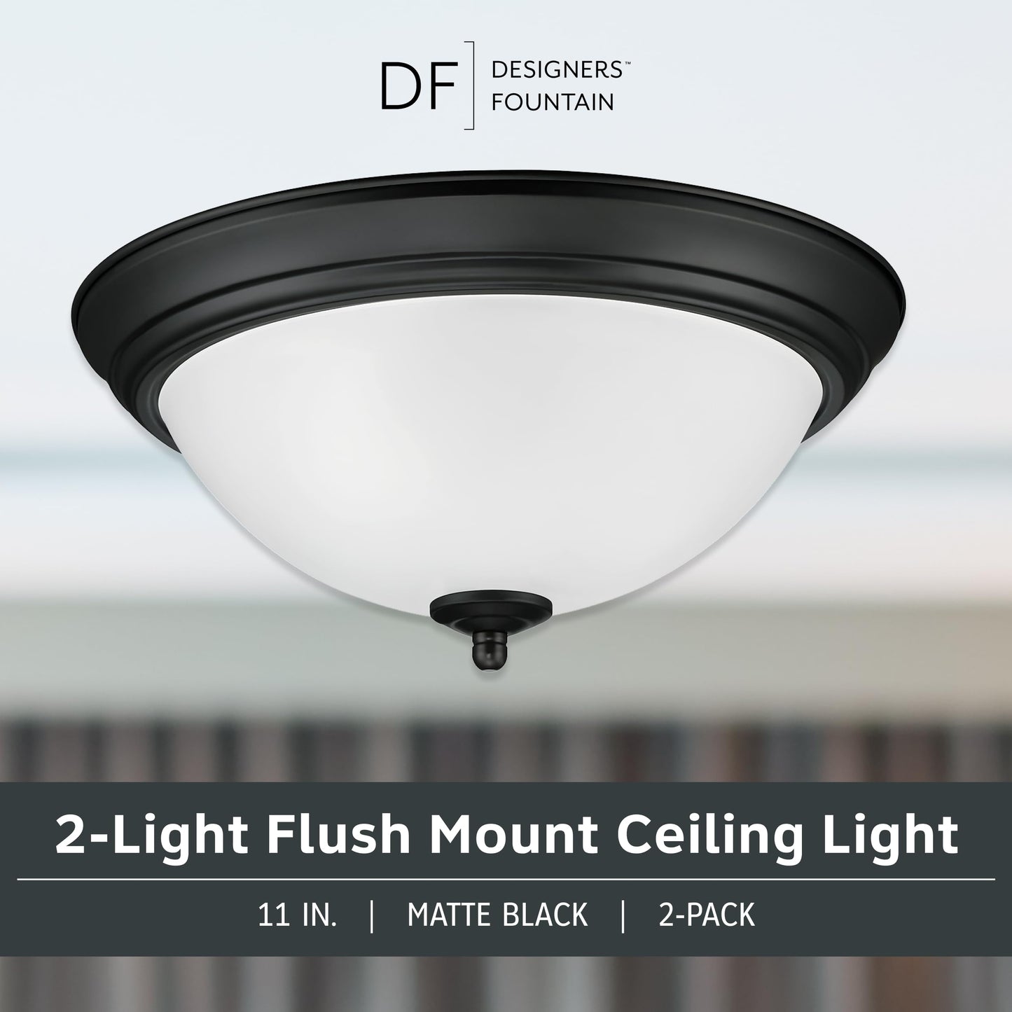DESIGNERS FOUNTAIN Flush Mount Ceiling Light, 11 Inch Frosted Glass Lighting Fixture for Kitchen, Bedroom, Bathroom, and Hallway, LED Bulbs Not Included, Matte Black