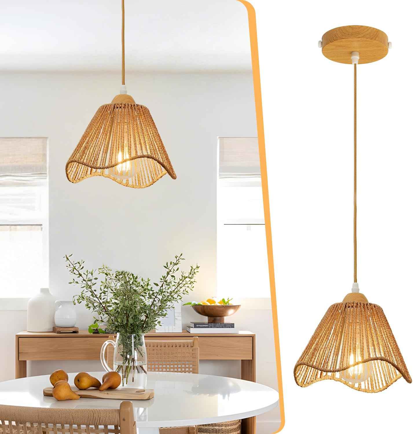 Rattan Chandelier Pendant Lights - 3 Pack Adjustable Height Boho Farmhouse Ceiling Fixtures for Kitchen & Dining Room