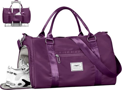 FIORETTO Women's Gym Tote Duffle Bag - Wet Pocket & Shoe Compartment | Dark Purple Sports Bag for Travel & Workouts