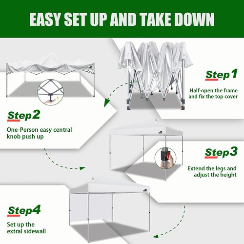 Eurmax USA Pop Up Canopy Tent - 10x10ft Portable Shelter with Removable Sidewall & 4 Sand Bags | White