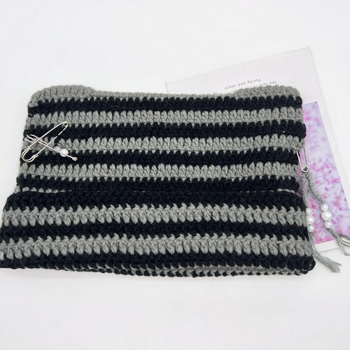 Hshsclth Cat Ear Crochet Beanie Hat Y2K Style with DIY Accessories Goth Knit Hat for Women Girls (US, Alpha, One Size, Black and Grey Stripe)