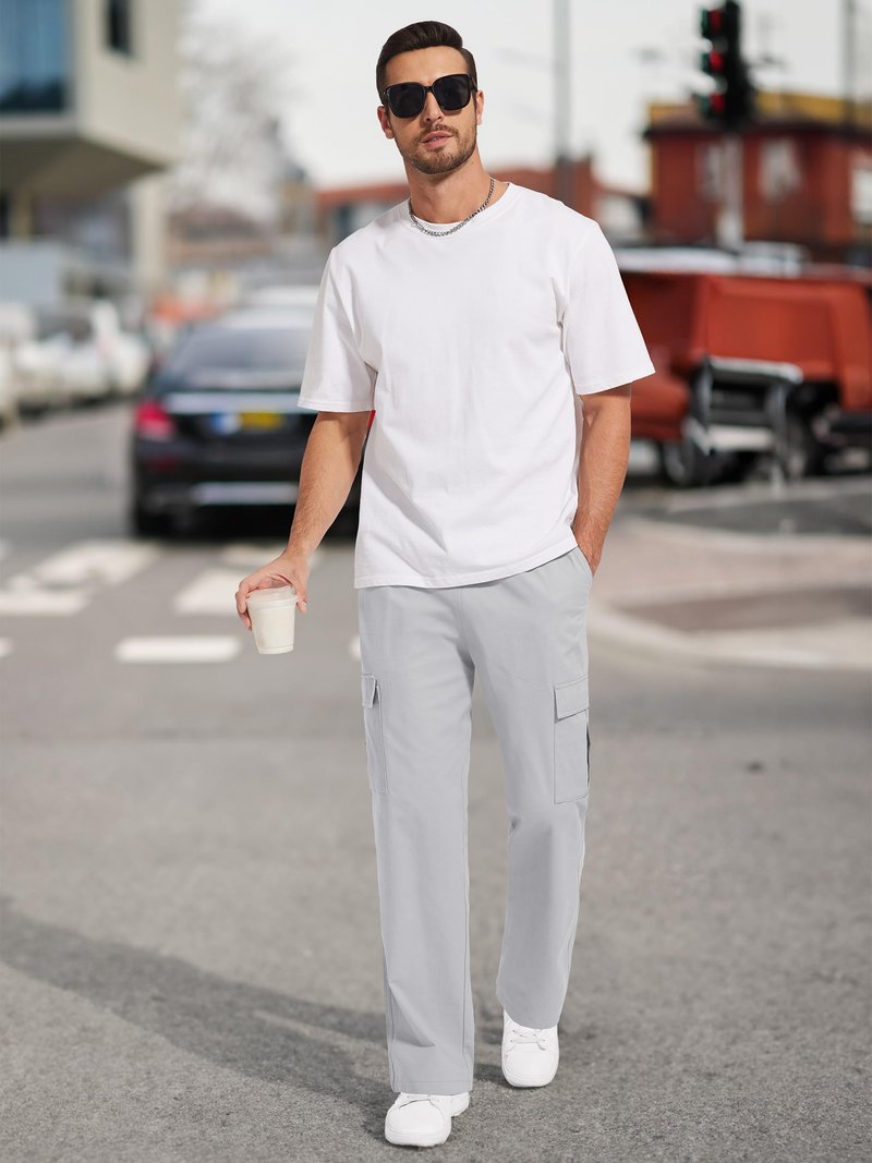 Tallemon Men's Casual Cargo Pants 30/32/34/36 Tall Inseam Hiking Pants Workout Joggers Loose Straight Sweatpants for Men 34" Light Grey L