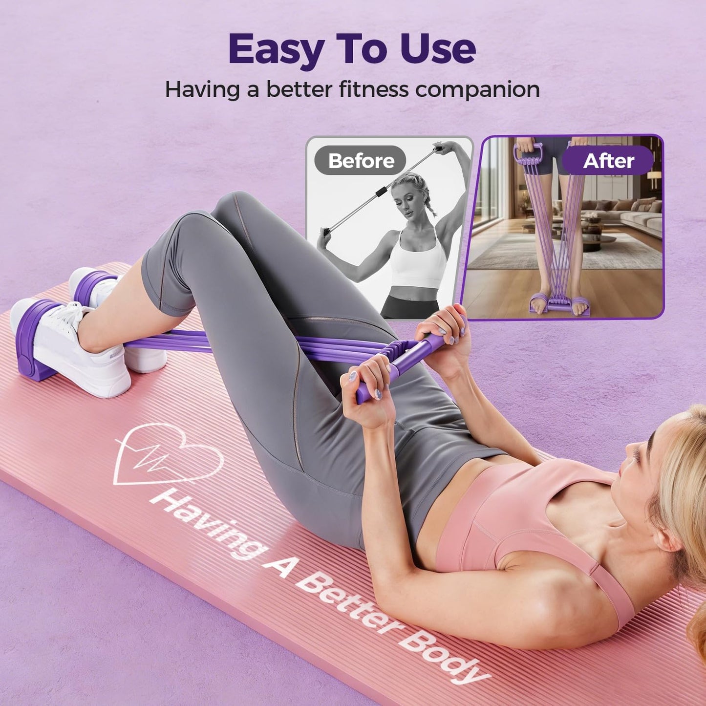 Skiennix 3-In-1 Pedal Resistance Bands - Versatile Home Workout Device for Men & Women | 8 Tube Design