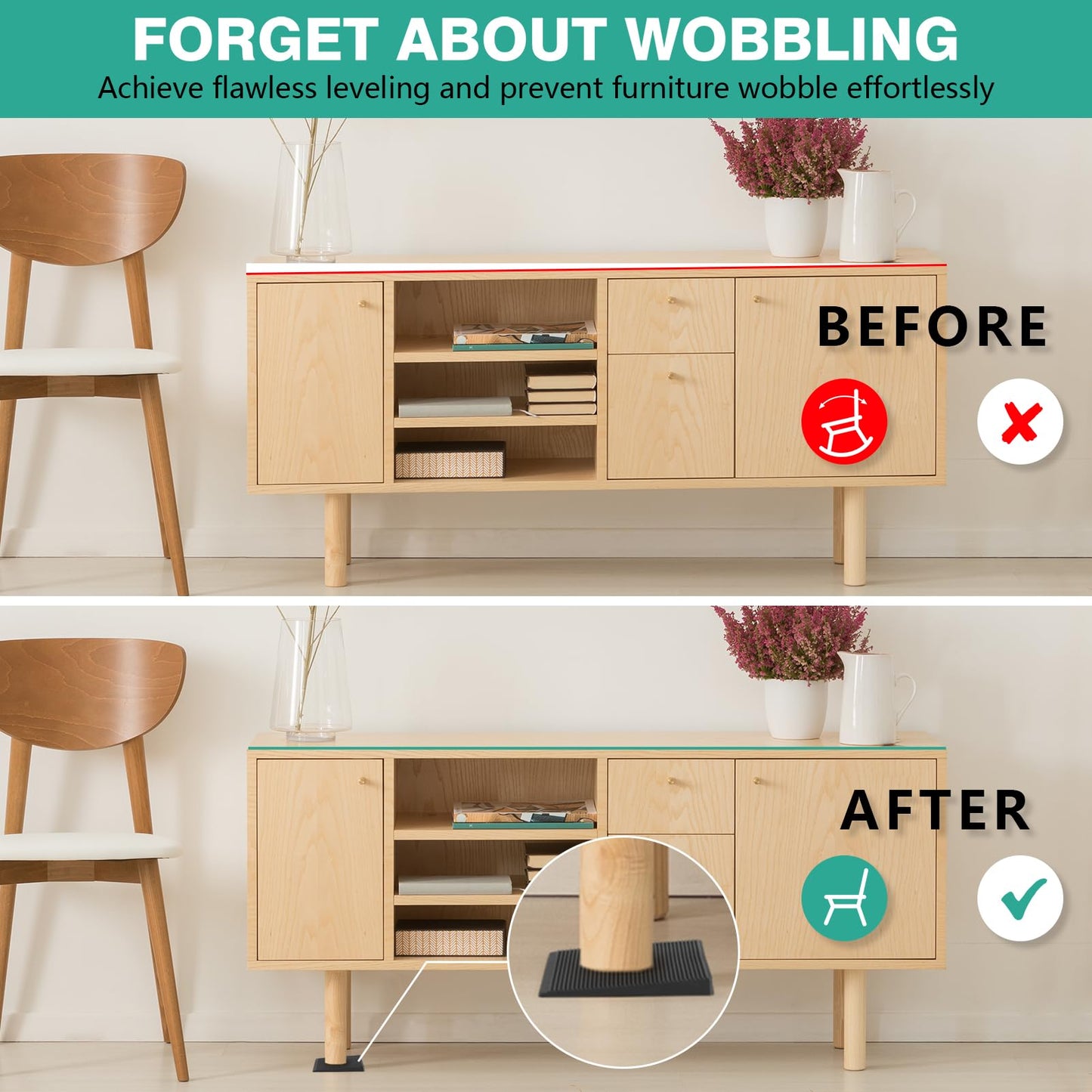 Furniture Leveler 12pcs Kit Size Variety | Multi-Purpose Rubber Shim for Leveling Feet Stable | Anti-Wobble Pad for Uneven Table, Dresser Leg, Toliet and More Furniture | Prevent from Wobbling