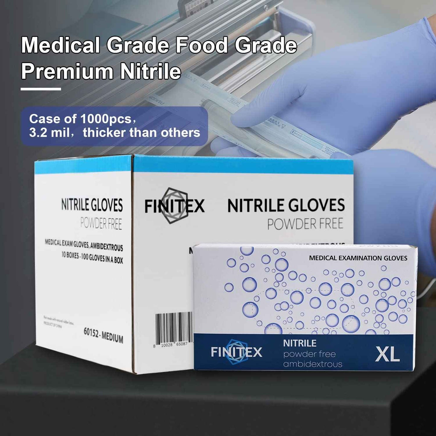 FINITEX Disposable Nitrile Exam Gloves 1000 PCS - 3.2mil Ice Blue Powder-free Latex-Free Examination Home Cleaning Food Gloves (M)