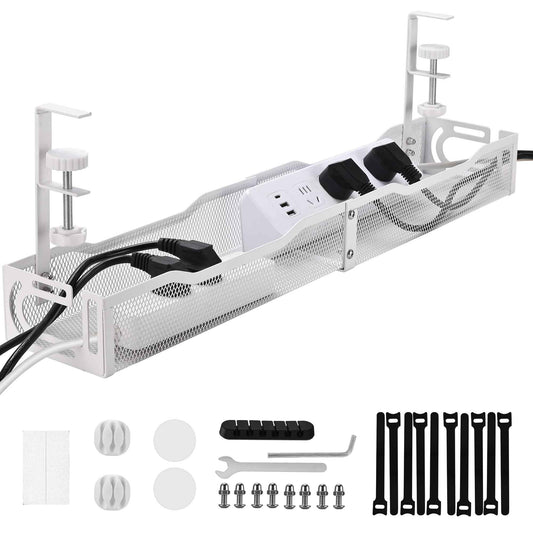 Under Desk Cable Management Tray 25.3 Inch – No Damage Install, Cord Organizer for Office & Home, Wire Organizer for Desk Storage, White