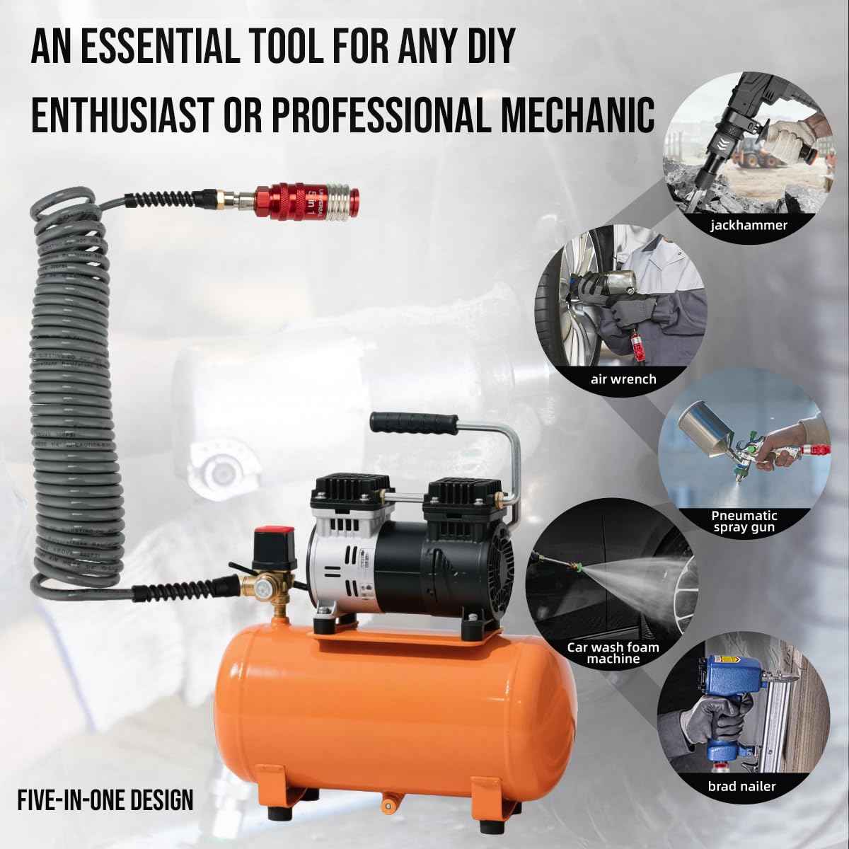 Wangsucc 1/4 In × 25 ft Heavy Duty Polyurethane Recoil Air Hose, Bend Restrictors Compressor Hose with 5 IN 1 Universal Coupler, Lightweight, Coiled PU Air Hose 1/4'', (Gery)