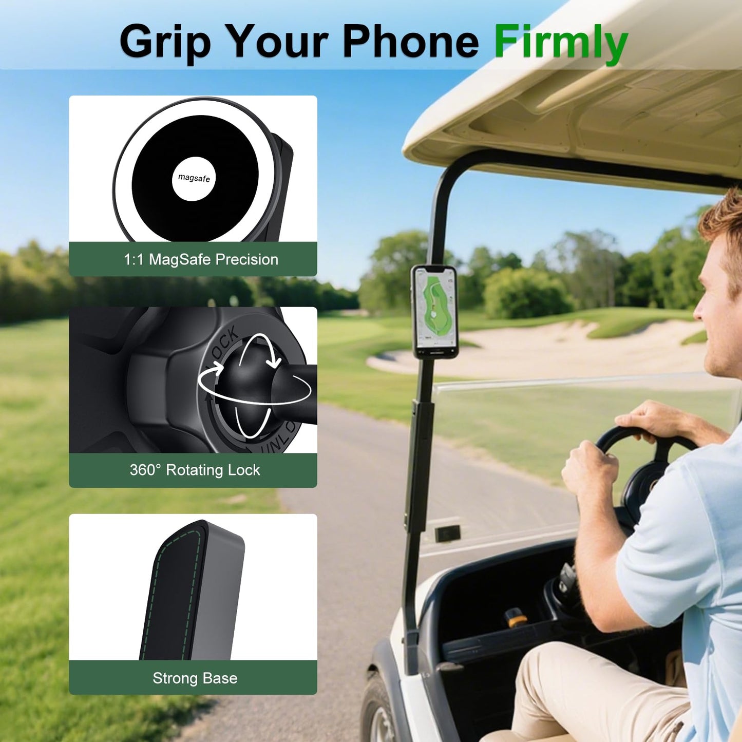 UYCCIMB Magnetic Golf Cart Phone Holder Compatible with MagSafe iPhone 16/15/14/13/12 Series, Fits EZGO ＆ More Any Iron Metal Surface for Golf Cart Accessories MagSafe Gift