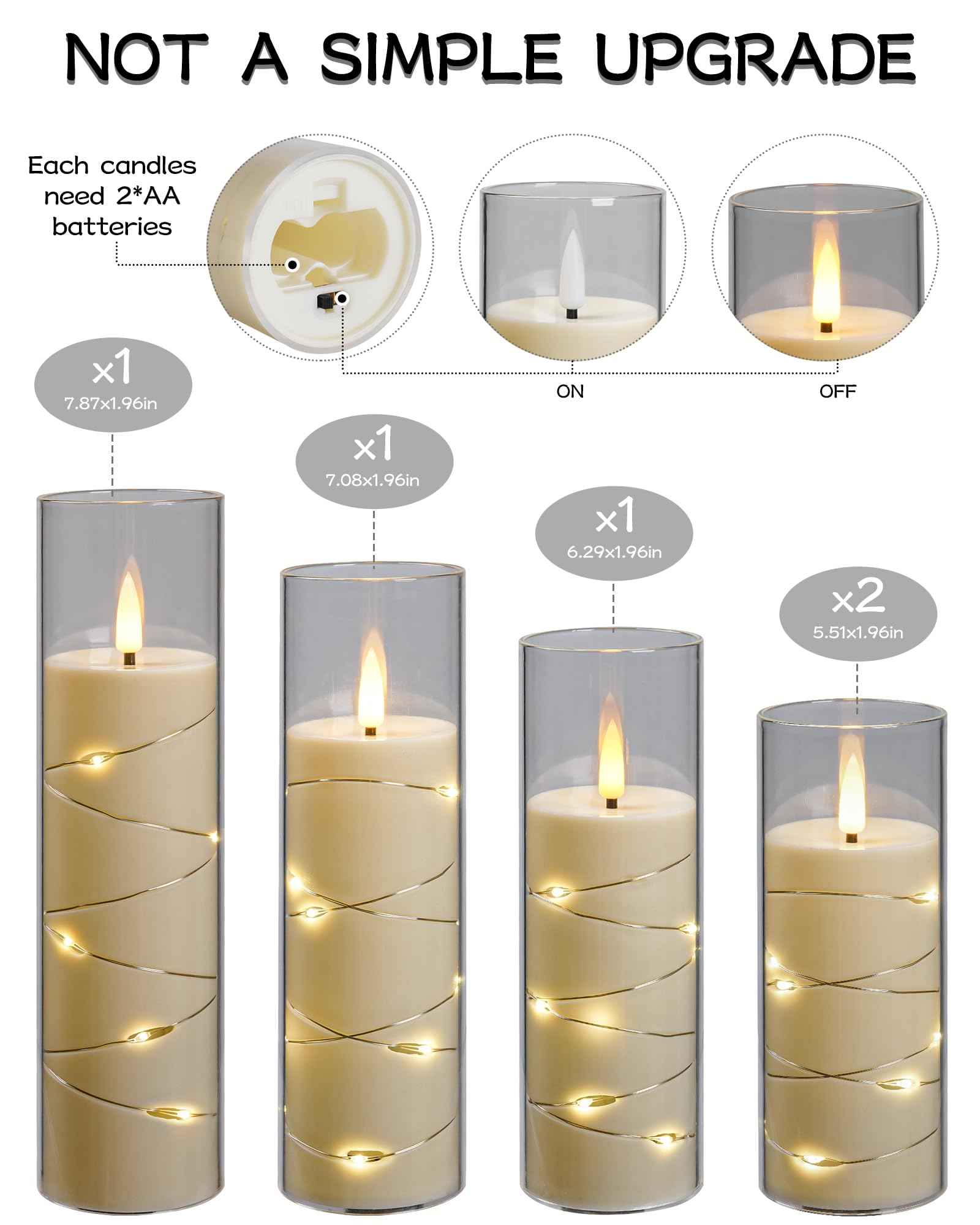 Da by Flickering Flameless Candle with Embedded Star String ，Acrylic LED Pillar Candles with 11-Key Remote Control and Timer，Battery Operated Candles, Ivory, Set of 5(D2.3×H5“/5“/ 6”/7“/8”)