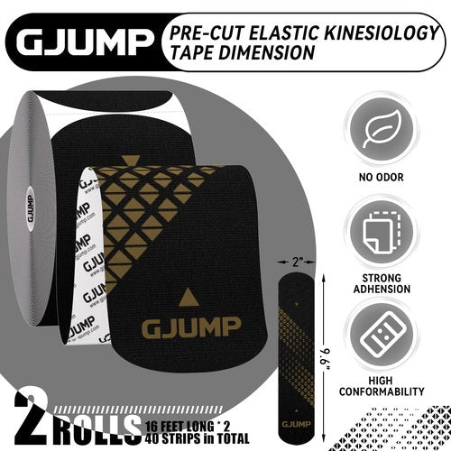GJUMP Kinesiology Tape, Precut Athletic Sports Tape 40 Strips (2 Rolls), Waterproof Breathable Muscle Tape for Pain Relief & Joint Support