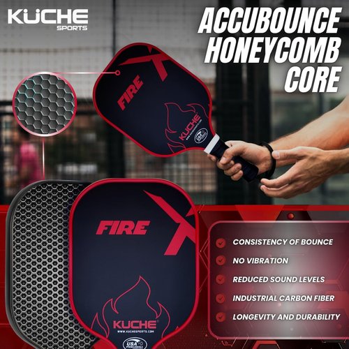 KUCHE FIRE T-700 Carbon Fiber Pickleball Paddle - Polymer Honeycomb Core -16MM Thick Sandblasted Surface for Spin & Control - USAPA Approved Pickleball Equipment for Men & Women