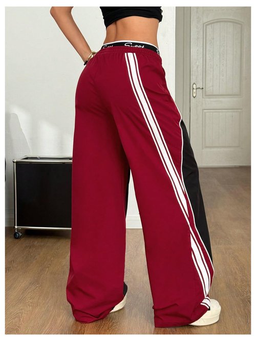 GORGLITTER Women's Baggy Track Pants Y2K Color Block Drawstring Barrel Parachute Pants High Waisted Streetwear Pant Black and Red Small