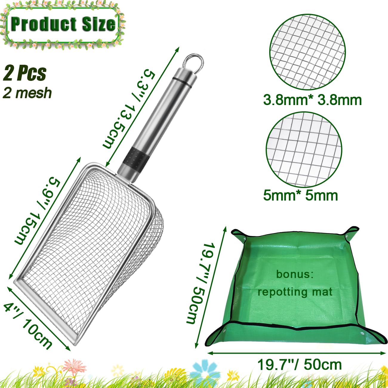 Soil Sifter for Gardening, Soil Sieve Compost Sifter with Repotting Mat, 3.8/5mm Mesh Sieve, Garden Sifter Shovel for Rocks, Sand, Dirt, Ideal for Small-Scale Sieving