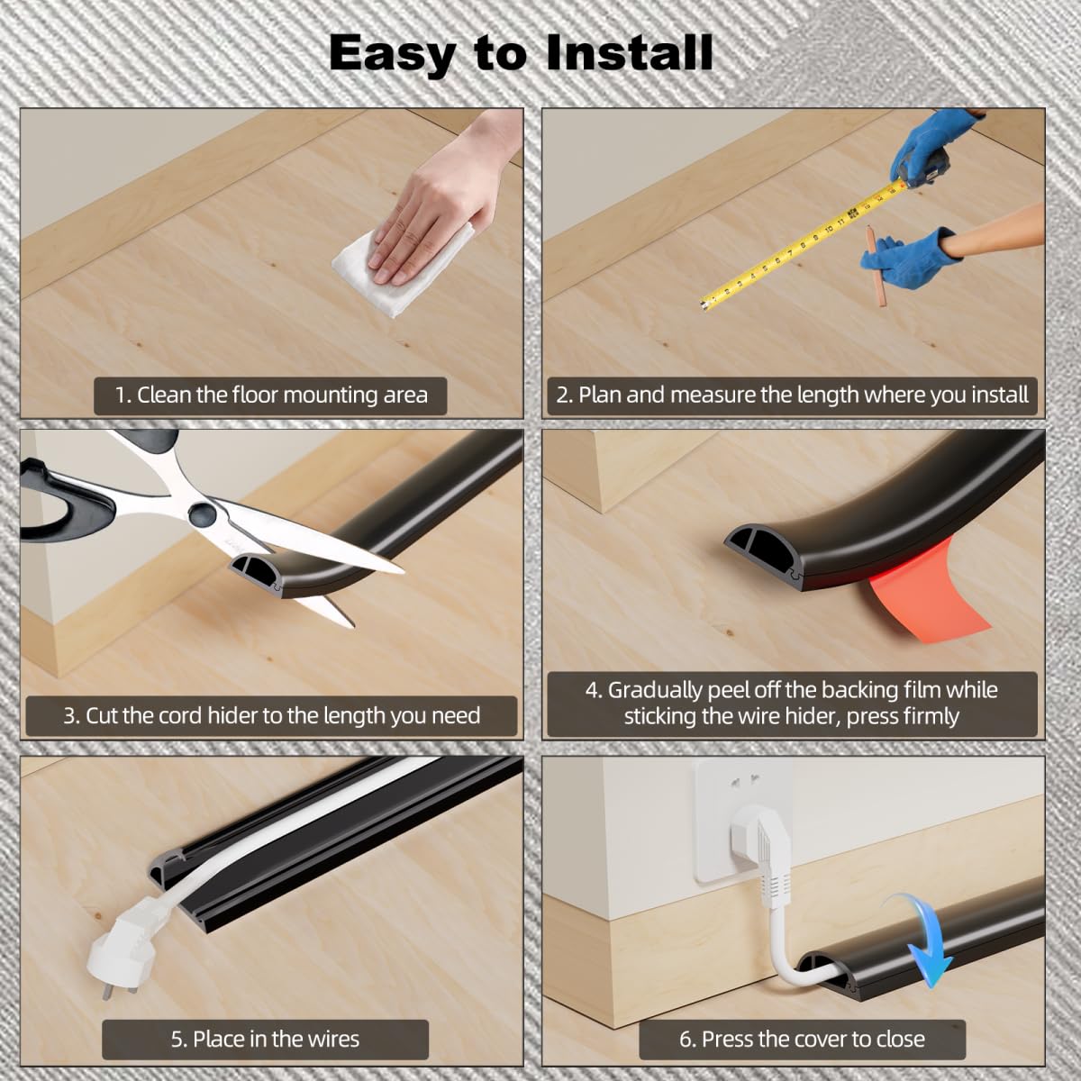 Kneelisa 4FT Side-Open Extension Cord Covers for Wires on Floor,Silicone Power Cable Protector Cord Hider Management Strip,Hide Electric Wire on Carpet,Chord Runner Protective Safety Wiremold,Black