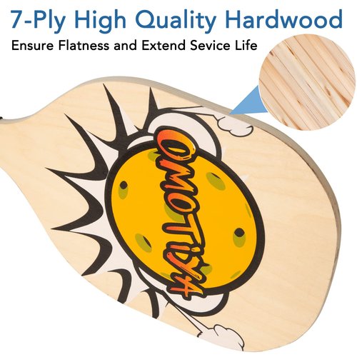 OMOTIYA Pickleball Paddles Set - Wooden Pickleball Paddles Set of 4 Rackets, 4 Pickle Balls and 1 Portable Pickleball Bag, with Ergonomic Cushion Grip, 7-ply Basswood Wood, for Beginner