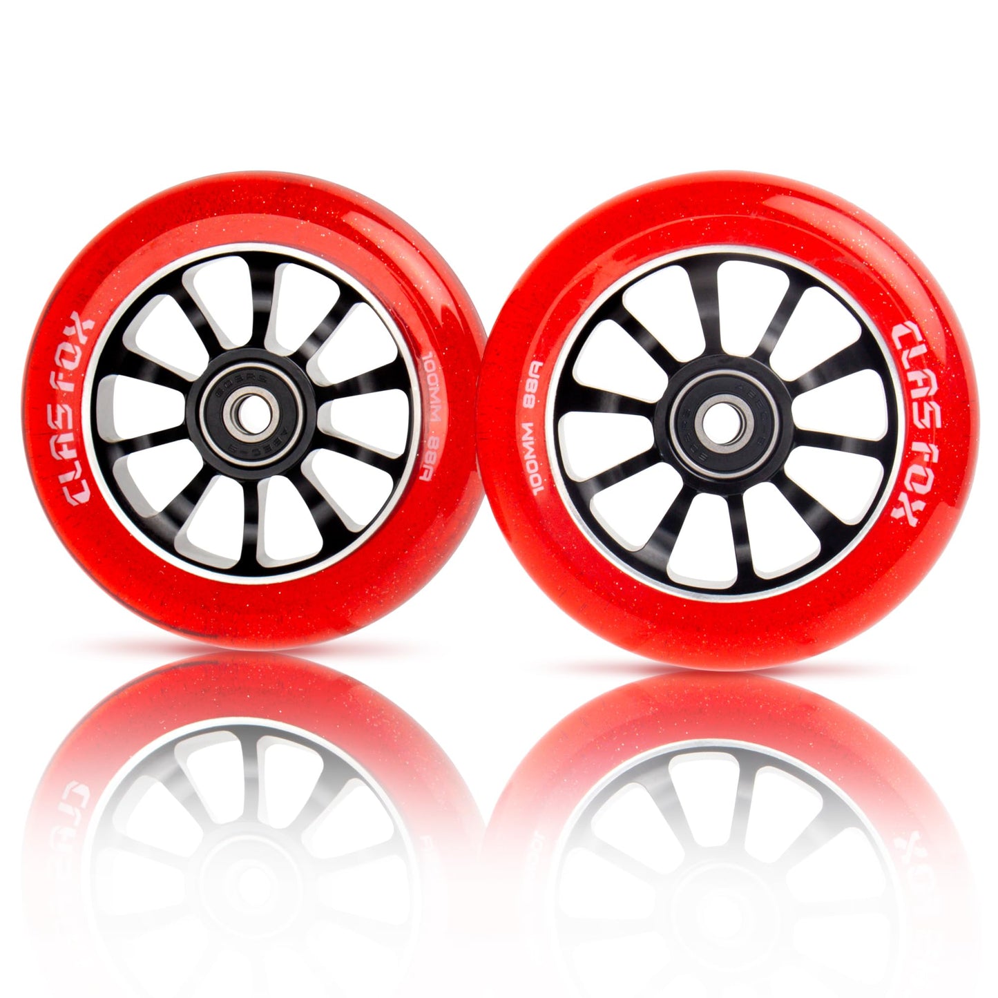 CLAS FOX Pro Scooter Wheels 100mm Transparent Sparkle PU with ABEC-9 Bearings CNC Metal Core (2pcs) (Red)
