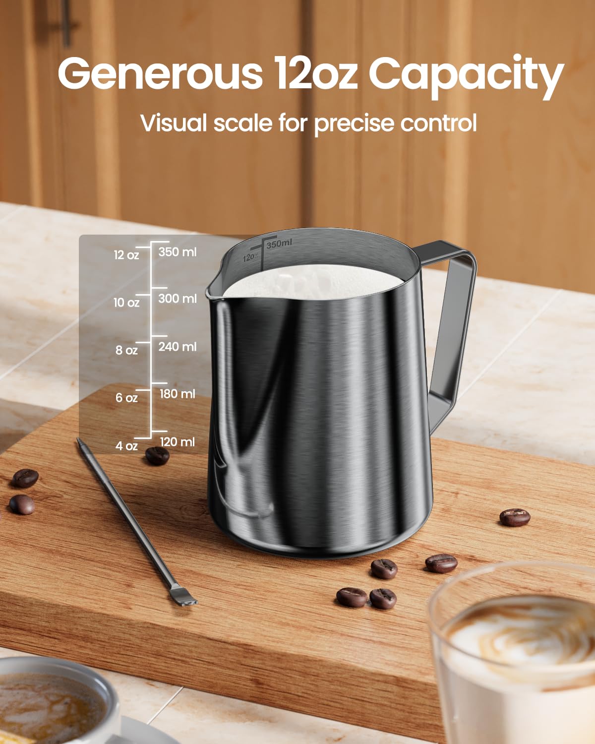 Maestri House Milk Frothing Pitcher, 12oz Espresso Steaming Pitcher Milk Frother Cup, Milk Coffee Cappuccino Latte Art, 304 Stainless Steel Jug Cup with Decorating Art Pen