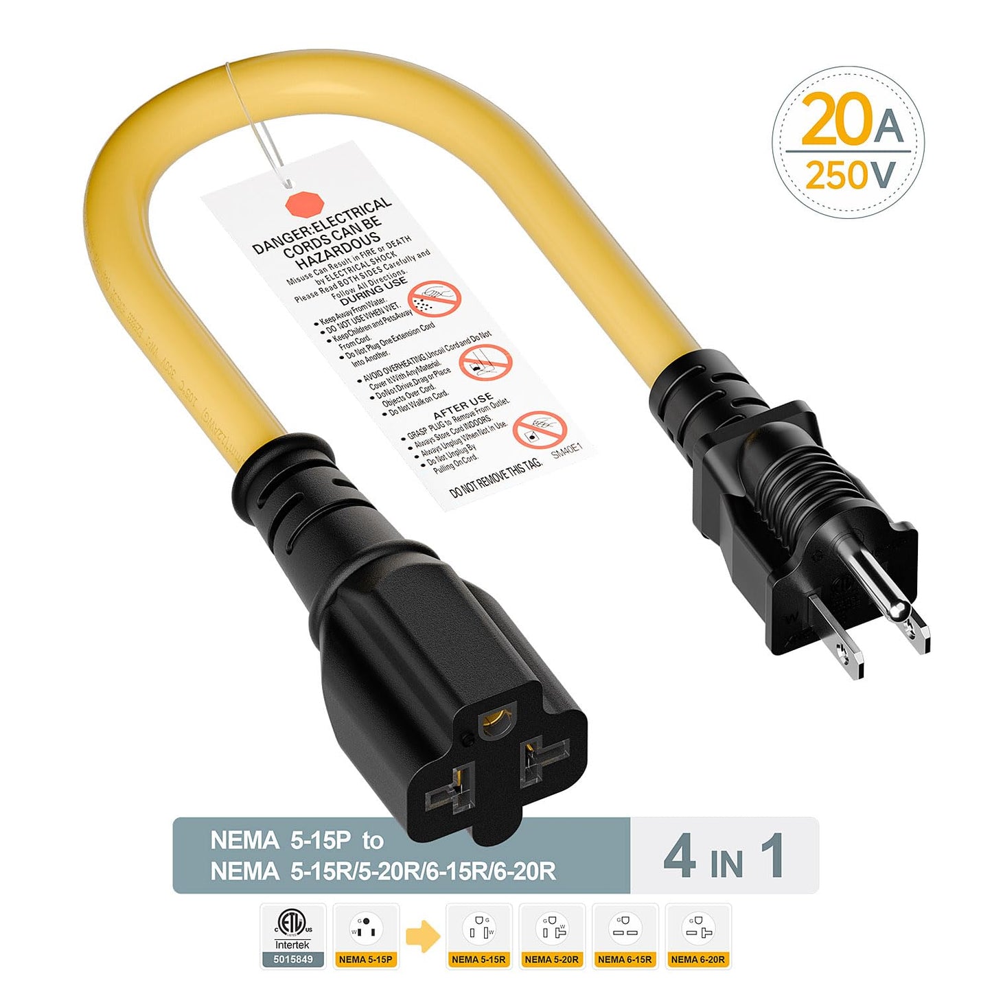 1-Foot Nema 5-15P to 4-in-1 Female Adapter Cable, 6-20R 12AWG Heavy Duty EV Charging Power Adapter,15A Household Plug to 6-20R T Blade Adapter Cord Yellow Cord